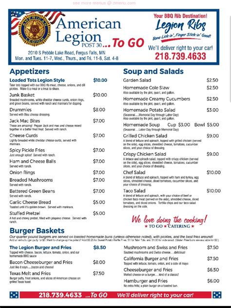 American Legion is the perfect place for families to experience tasteful american food, like specialty hamburgers. . American legion menu near me